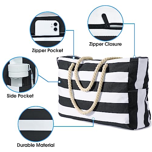 Becokan Beach Bag Large Beach Tote Bag for Women Waterproof Sandproof Swim Pool Bag With Zipper - color: Black