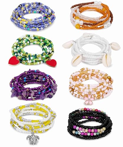 8PCS African Waist Bead Chains for Women Layered Belly Body Chain Handmade Plus Size Beaded Belly Chain Colorful Elastic Flower Butterfly Body Chains Summer Beach Bikini Body Jewelry 31-45in - style: Set B