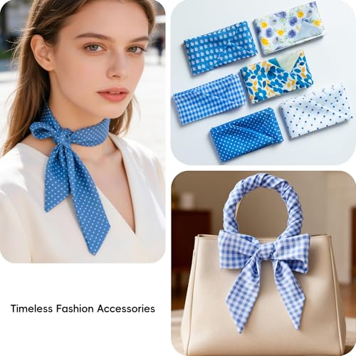 ZXZH 6 Pack Fashion Scarves for Women, Versatile Boho Head Scarf, Satin Scarf for Hair, Neck, Wrist, and Purse Accessories - color: Blue Preppy Print