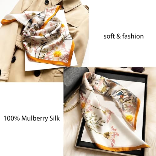Aufeel Women's 100% Pure Mulberry Silk Small Square Scarf - Neckerchief Women - Silk Headscarf - 21" x 21" - color: Yellow