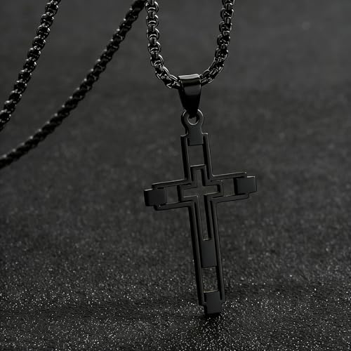 Bohemian style hollow fashion double cross stainless steel pendant necklace, suitable for men and women for daily casual fashion party gatherings religious amulets jewelry accessories gifts - color: Color: Black