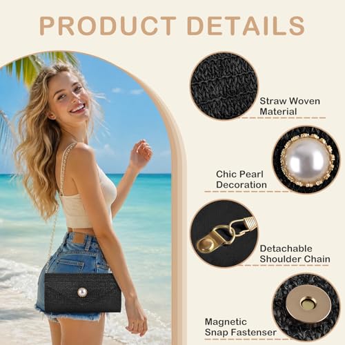 PACETAP Straw Clutch Purse for Women, Pearl Decoration Boho Crossbody Bags, Evening Clutch Purses Handbags for Wedding Party Cocktail Prom Dinner(Black) - color: Straw Black