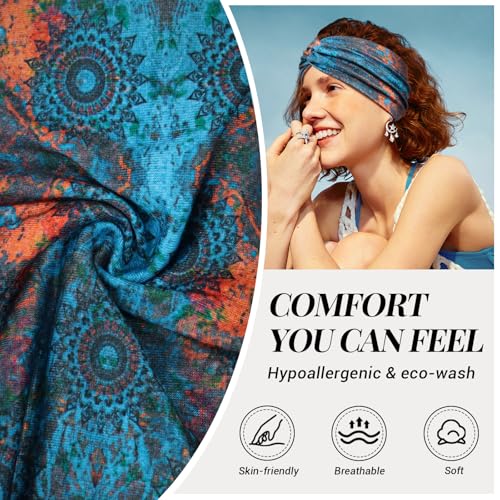 Headbands for Women's Hair, Wide Hair bands – 4 Pcs Vintage Turban Elastic Soft Head Wraps Knotted for Yoga & Workout – Summer Cute Fashion Hair Accessories（Boho） - color: Blue