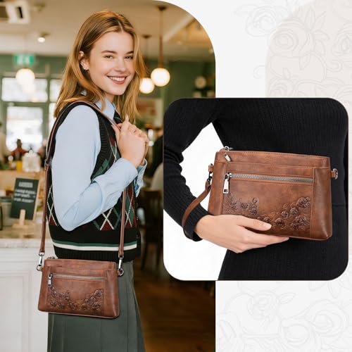 MEITRUE Wristlet Wallet Small Crossbody Bags for Women Clutch Purse Leather Phone Purse with Adjustable & Detachable Strap - color: A3-brown-179