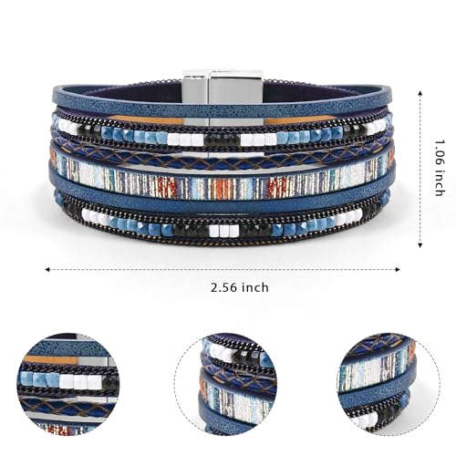 VIBILIA Boho Leather Wrap Bracelets for Women Multi-Layer Bracelets with Strong Clasp Jewelry for Women - color: 03-BohoBraid-RoyalBlue