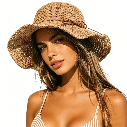 Straw Bucket Hat for Women Foldable Summer Beach Sun Hats Wide Brim Crochet Floppy Hat for Vacation Travel Shade & Style - color: Khaki-c