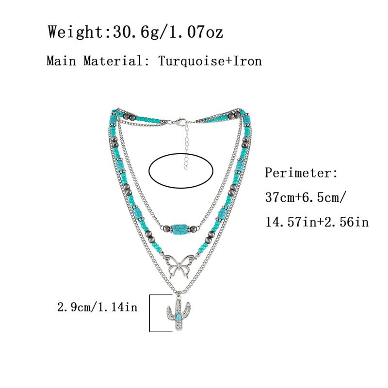 Pingyongchang Boho Layered Western Turquoise Necklaces for Women Vintage Stone Beaded Chokers Butterfly Catus Chain Country Concert Cowgirl Cowboy Jewelry Holiday Gifts - style: D Catus