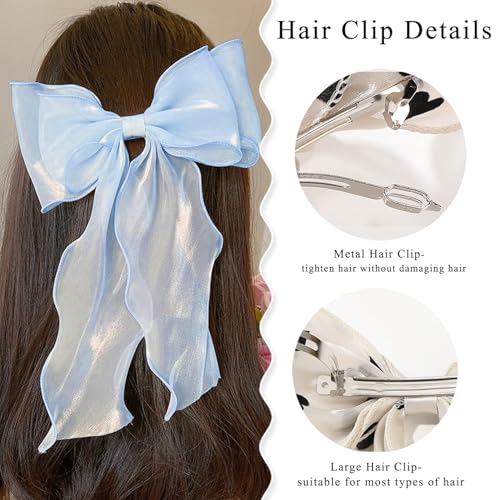 Large Hair Bow Clips for Women, Light Blue Bow Hair Barrettes with Long Tail French Hair Ribbon Clips Hair Accessories for Girls (Light Blue 2PC) - color: Light Blue,Light Blue