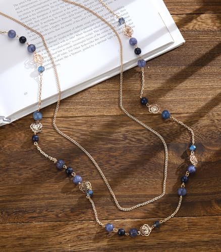 FULU AUTUMN Boho Gold Long Necklaces for Women Natural Stone Beaded Layered Long Necklace Mothers Day Gifts Dainty Flower Costume Jewelry for Women - color: Dark Blue