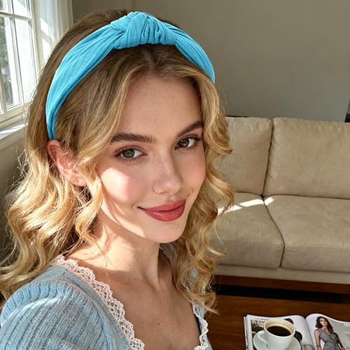 YISSION Wide Knotted Headbands for Women Non Slip Head Band Blue Headband Fashion Top Knot Hairband Hair Accessories for Women Girls - color: Blue
