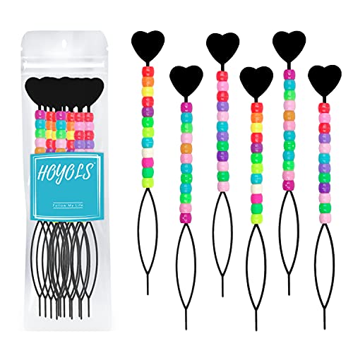 Hoyols Quick Hair Beading Tools with Colorful Pony Beads Magic Topsy Hair Tail Braid Stringer Ponytail Maker for Teens Girls 6pcs Black - color: 6pcs Black w/ beads