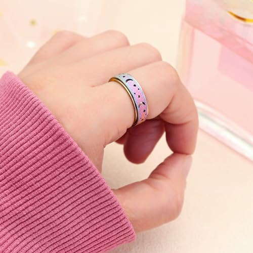 Anxiety Ring for Women Spinner Rings:Rotating Rings Stainless Steel 6mm Moon Star Anxiety for Men Band Jewelry Gift for Women Size 6 7 8 9 10 - color: B-Rainbow
