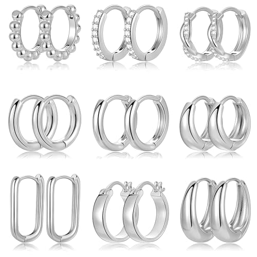 9 Pairs Small Gold/Silver Hoop Huggie Earrings Set for Women, 14K Gold Plated Chunky Hoop Small Earring Hypoallergenic Thick Open Lightweight Chunky Hoop Earrings Jewelry for Gifts - color: silver-standard