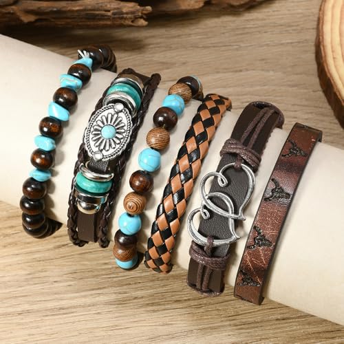 Turquoise Leather Western Bracelets for Women Men Bohemian Retro Turquoise Wrap Bracelets Exquisite Layered Stacked Cowboy Cowgirl Bracelet Western Country Concert Outfits Leather Cuff Bracelet for Women - style: Heart