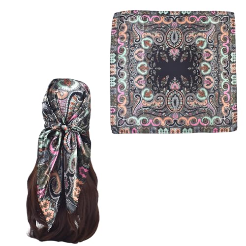 35 x 35 Women's Fashion Pattern Large Square Silk Like Hair Scarf Head Sleeping Wrap Satin Neck Bandana for Gift… - color: Black-buddha Cashew Nut