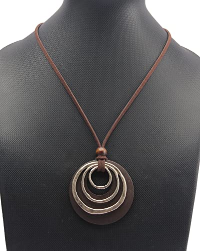 GelConnie Leather Cord Necklace Chain Multilayer Wooden Pendant Necklaces Vintage Jewelry Boho Long Sweater Necklace for Women Men - color: 3 circles Brown Necklace