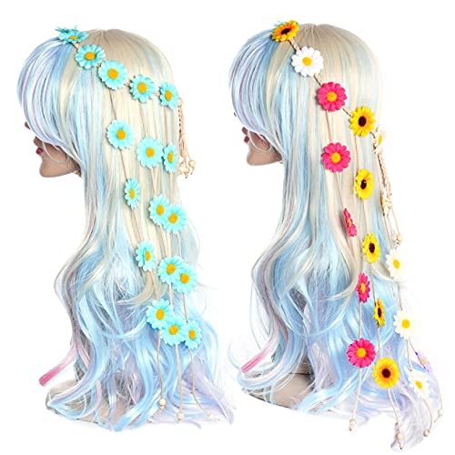 Sucrain 2pcs Flower Hippie Headband Floral Crown Summer Sunflower Hair Accessories for 70 s Bohemian Costumes Style for Women(Light Green+Colorful) - color: Green+Colorful