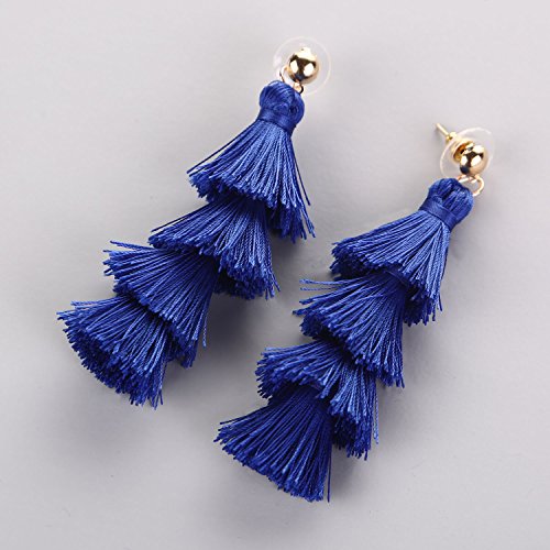 BaubleStar Tassel Earrings Handmade Tiered Thread Tassel Dangle Earrings, Multi Colors - color: Royal Blue