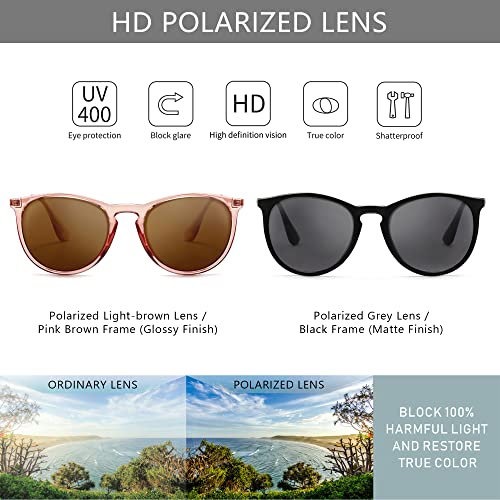 SUNGAIT Premium Vintage Round Sunglasses for Women Men Classic Retro Trendy Style - color: 2 Pack (Polarized): Matte Black/Gray+glossy Pink Brown/Light-brown