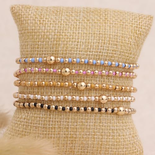 Gold Beaded Stackable Friendship Bracelets Set for Women, Handmade Boho Stretch Summer Jewelry Gift. - color: 0903N