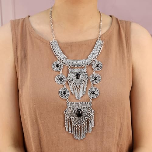 Bethynas Bohemian Ethnic Tribal Chunky Necklace Multilayer Long Tassel Turquoise Statement Neck Chain Retro Coin Gemstone Exaggerated Costume Accessories for Women - color: C-Black