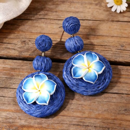 Boho Raffia Ball Earrings for Women, Handmade Statement Drop Earrings Straw Dangle Earrings Beach Vacation Jewelry - color: Royal blue flowers