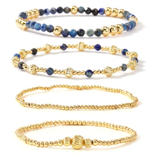 Dainty 14K Gold Lantern Beaded Bracelets Stack for Women,4PCS Colorful Glass Beads Stretch Stackable Bracelets Set Fashion Prom Jewelry Gift Friendship - color: Indigo
