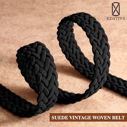 XZQTIVE Women’s Braided Suede Belt – Adjustable Woven Waist Belt with Gold Buckle for Dresses, Jeans & Casual Outfits - color: Black, size: X-Large: fits waist from 41"-45"