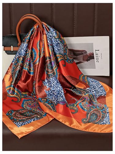 SweatyRocks Women's Printed Satin Hair Scarf Neckerchief Square Scarf Bandanas Head Wraps - color: Orange Paisley