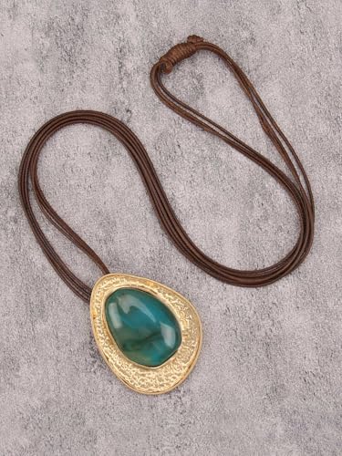 GelConnie Long Necklaces for Women Boho Large Pendant Necklace Casual Bohemian Brown Leather Choker Sweater Circle Statement Stone Necklace - style: Blue Leather Necklace
