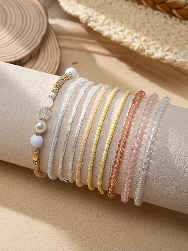 Caiyao Bohemian Multilayer Stackable Seed Beaded Bracelets Colorful Crystal Glass Beads Strand Bangle Bracelet BFF Wristbands Bracelet for Women Summer Beach Hawaii Jewelry Birthday Gifts - color: Off-white