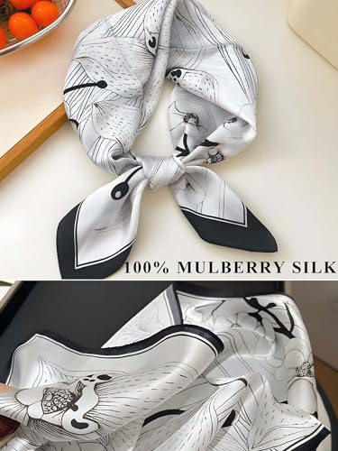 100% Mulberry Silk Scarf for Women Hair Lightweight Square Neckerchief Wrap For Head Scarves 21" - color: 23-black and White Flower /21"*21"