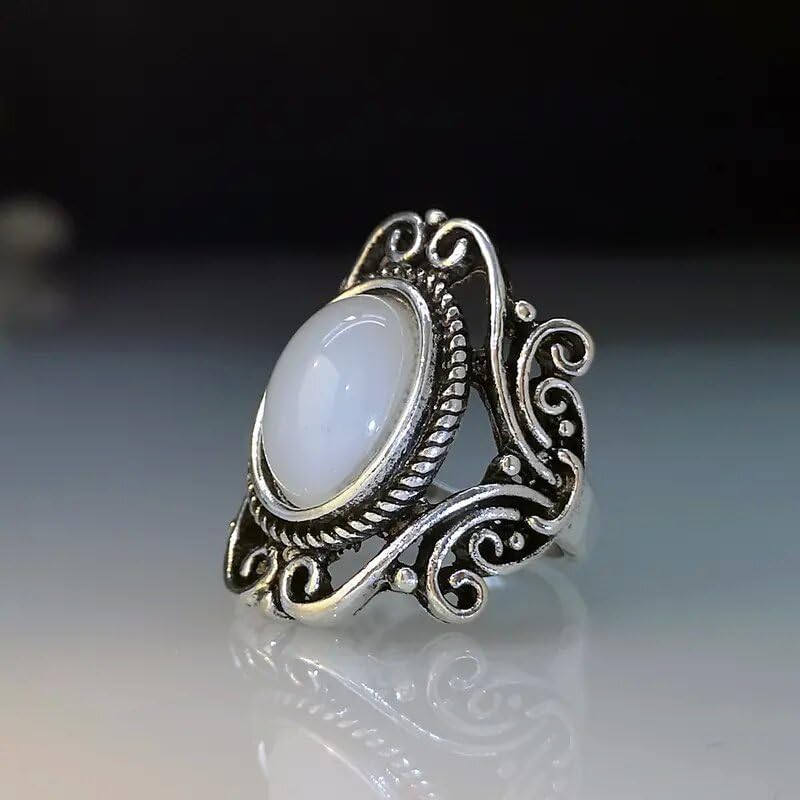 JerMrasra 925 Sterling Silver Vintage Natural Moonstone Rings Antique Boho Ladies Jewelry Elegant Gemstone Wedding Rings Geometric Cut-Out Filigree Women’s Ring Cocktail Party Rings 12 - size: 12