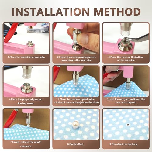 Pearl Setting Machine Hand Press Tools 2 Boxes White No Holes Pearl Beads with Rivet Studs Screw Heads L Hexagon Wrench for Decorating Clothes Hat Trousers Dresses Bag Hair Band DIY Crafts (Pink) - color: Pink