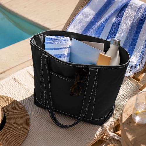 DALIX 20" Solid Color Cotton Canvas Shopping Tote Bag in Black-White - color: Black-white