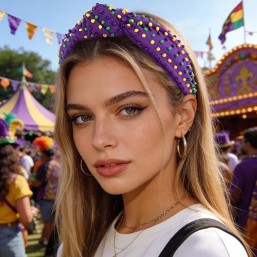 YISSION Mardi Gras Knotted Beaded Wide Headband for Adults - Purple Green Yellow Festival Hair Accessory for Parade, Costume Party & Celebration - color: Purple,Yellow,Green