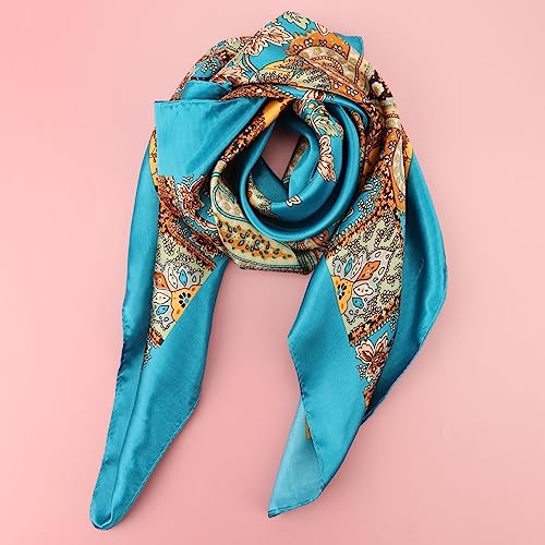 DRESHOW 35” Large Square Satin Head Scarf - 4Pcs Silk Accessories Classic Patterned Squares Beach Bandanas for Women - color: 4 Pcs: Blue, White, Camel, Black