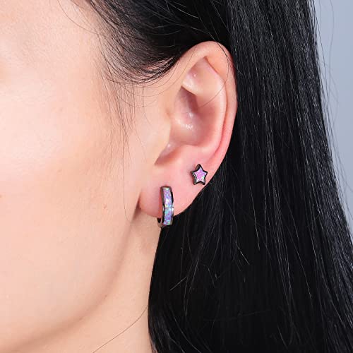 CiNily Huggie Earrings Opal Hinged Hoop Earrings Gold Plated Hypoallergenic Small Hoop Earrings for Women Teen Girls Men Sensitive Ears - color: Purple-Black Gold