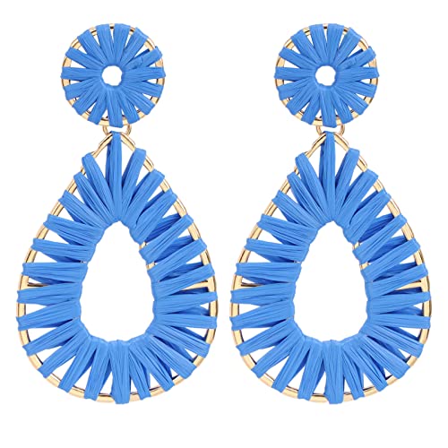 Raffia Teardrop Dangle Earrings Handmad Statement Drop Earrings - color: Royal Blue