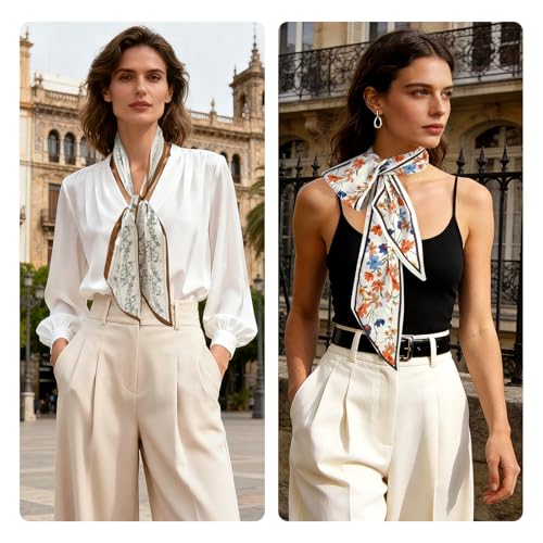 GERINLY 2 PCS Neck Scarf for Women, Long Purse Scarf for Handbags, Narrow Hair Scarves, Bag Charm Accessories Headband - color: Beige