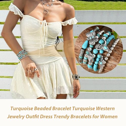 Long tiantian Western Turquoise Beaded Bracelet Set for Women Stackable Cowgirl Bracelets Boho Concho Jewelry Country Concert Rodeo Outfit Accessories Gifts - color: A4:turquoise bracelet for women