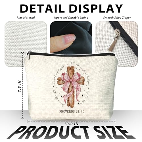 Christian Proverbs 31 Woman Makeup Bag, Coquette Pink Bow Cross Cosmetic Bags for Women, Christian Bible Verse Gifts for Women, Preppy Aesthetic Zipper Makeup Pouch - color: 01-Proverbs 31