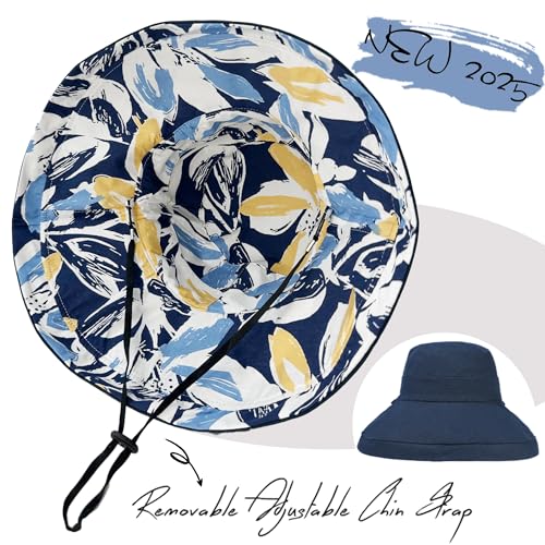 vidsel Womens Sun Hats Wide Brim Reversible Bucket Cotton Hat Packable Summer Travel Cap with Hat Clip,UV Protection - color: Navy Blue2, size: Medium