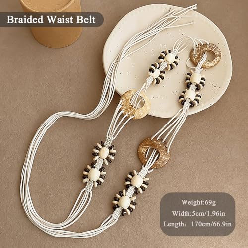 Women Braided Waist Belt Boho Woven Belt with Wooden Beads and Ring Clasp Vintage Long Tassel Rope Tie Belt for Dress - color: Beige 4