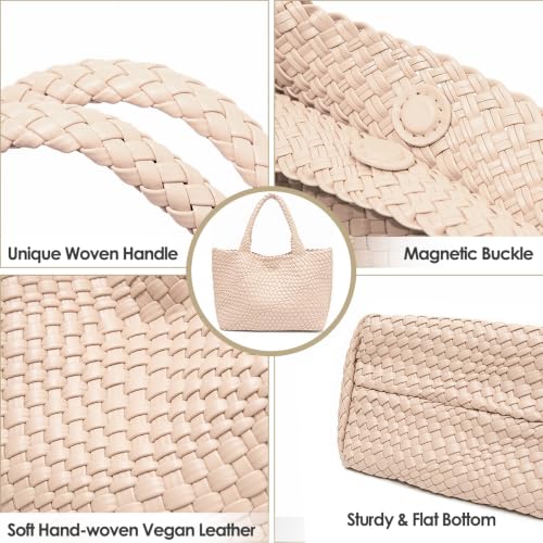 Handmade Woven Tote Bag for Women, Soft Vegan Leather Shoulder Bag with Purse, Large Travel Handbag - color: Nude-beige