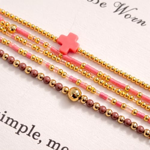 Gold Beaded Cross Bracelet for Women, 14K Plated Adjustable Stackable Dainty Bracelets, Non Tarnish Fashion Jewelry Set Gifts for Women Birthday Friendship - color: Colors-9