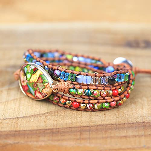 Women Wrap Bracelet Boho Natural Jasper Crystal Stone Beads Strand Bracelets - color: Colored turquoise