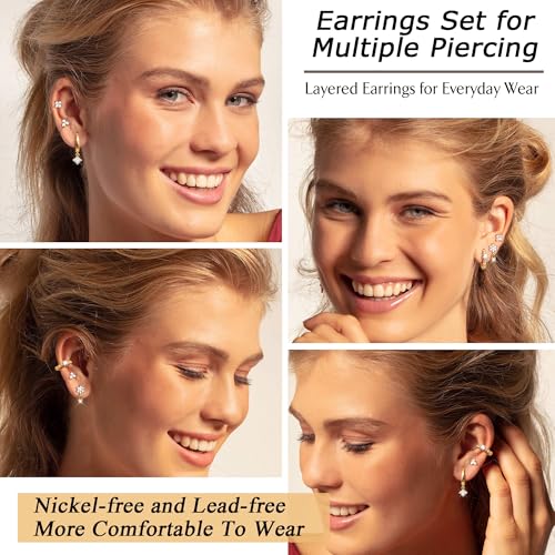 ZELORES 6PCS 14k Gold Plated Hoop Earrings Stacks for Women Trendy Small Chunky Huggie Earring CZ Cartilage Stud Earrings Hypoallergenic Dangle Chain Earrings for Multiple Piercing