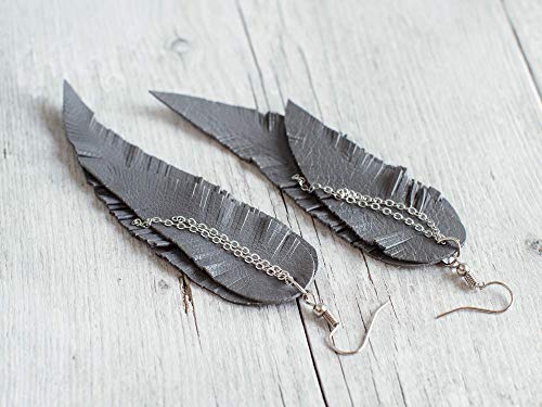 Black shiny Leather Feather Earrings for Women, Lightweight Minimal Boho Dangle Earrings, Small Simple Everyday Jewelry - color: dark grey