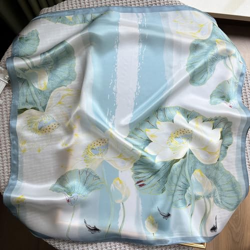 FONYVE 100% Mulberry Silk Scarfs for Women-Lightweight Square Satin Head Scarf-Small Silk Hair Scarf for Sleeping 21"x21" - color: 11 Green Lotus
